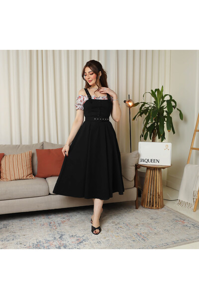 JAQUEEN Black midi dress with floral sleeves