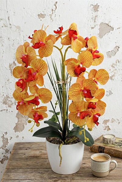 Yapay Çiçek Deposu Saksıda 2'li Yapay Islak Baskılı Orkide Tanzimi 55 cm Turu...