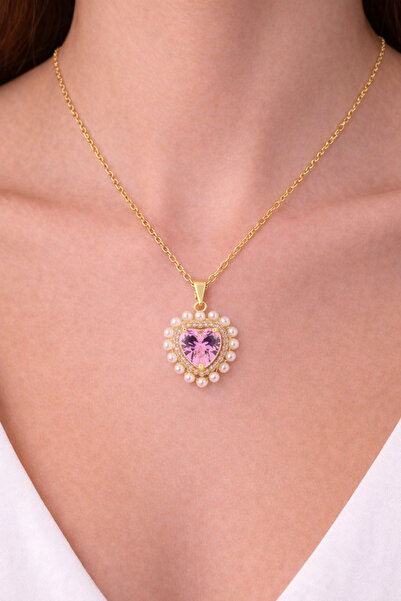 Shemora قلادة من الفولاذ بتصميم قلب مزين باللؤلؤ