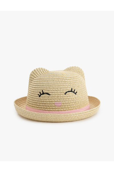 Koton Straw Hat with Cat Figure Detail