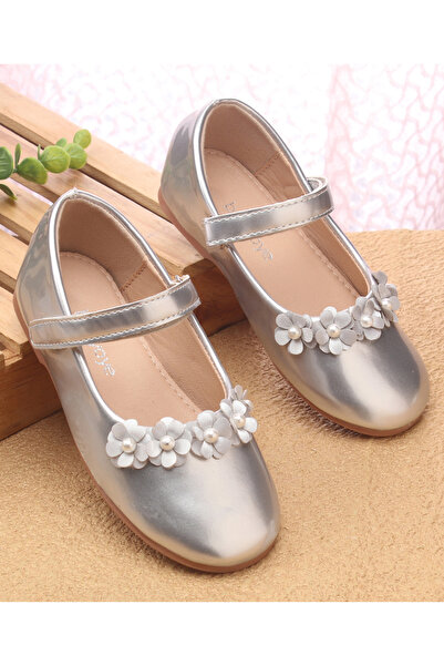 Babyoye Velcro Closure Ballerina With Floral Applique - Silver
