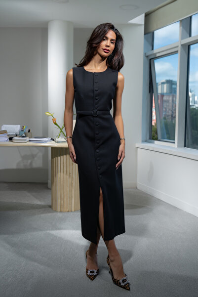 My Blog Black Belted Multi-Button Long Dress - 2002