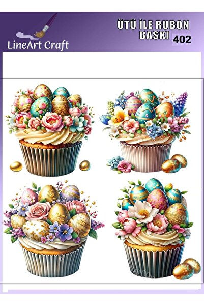LİNEART Rt 402 Easter Concept, Egg, Cupcake Patterned Fabric Transfer, Wood T...