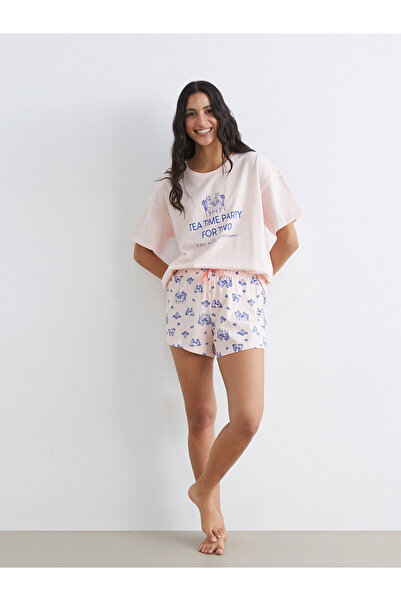 LC Waikiki Nevaa Collection Pink Crew Neck Printed Women's Shorts Pajama Set