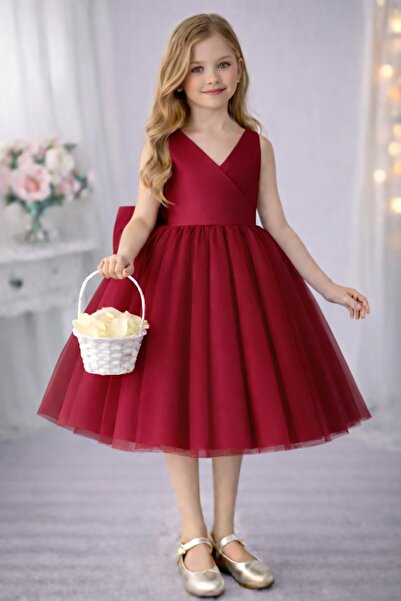 SUNEH Kız Çocuk Bordo Anvelop Yaka Mini Sade Eteği Kabarık Balo & Doğum Günü ...