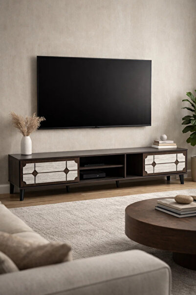 MARIA HOMES Modern Brown TV Unit 200cm Wide with White Patterned Doors and Op...