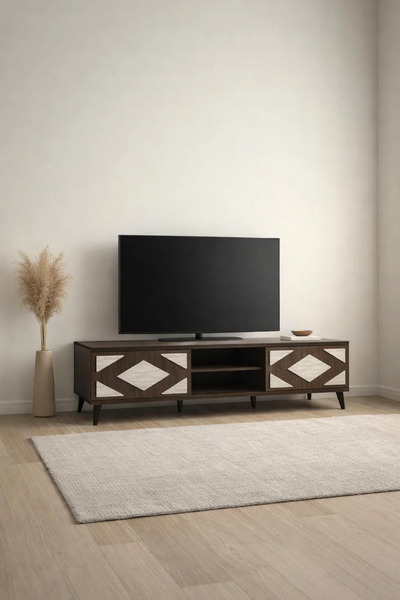 MARIA HOMES Stylish 180cm TV Unit with Geometric Pattern Doors and Open Shelv...