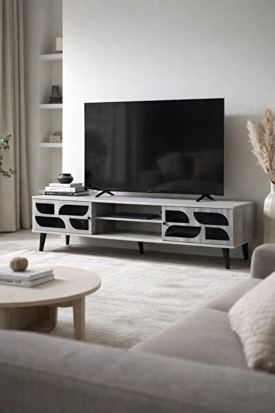 MARIA HOMES Modern Grey TV Table Media Console 180cm with Storage Shelves for...