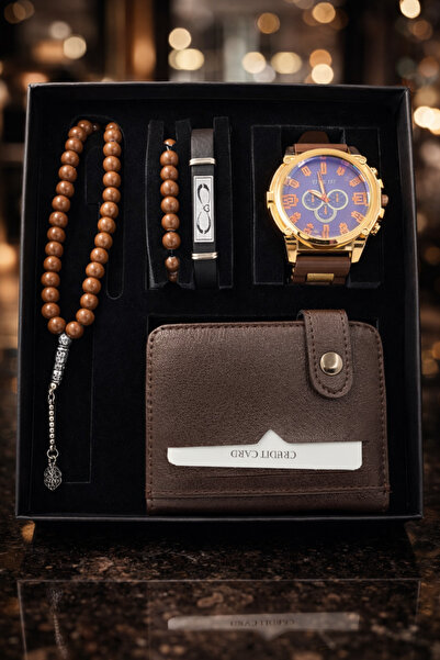 TEKMAKG Erkek Saat Seti Kahverengi: Kol Saati + Cüzdan + Tesbih + Bileklik He...