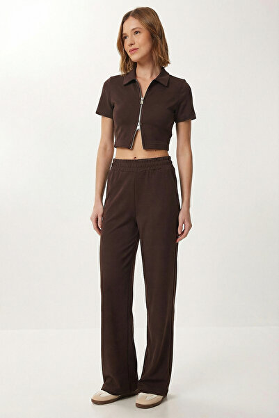 Lovelyİstanbul Zippered Crop Modal Top and Bottom Set Lby0047 Brown