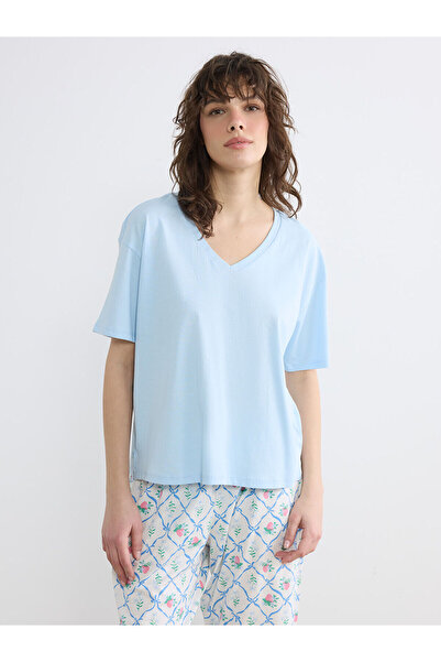 LC Waikiki Elsiva Collection Ecru V-Neck Patterned Women's Capri Pajama Set