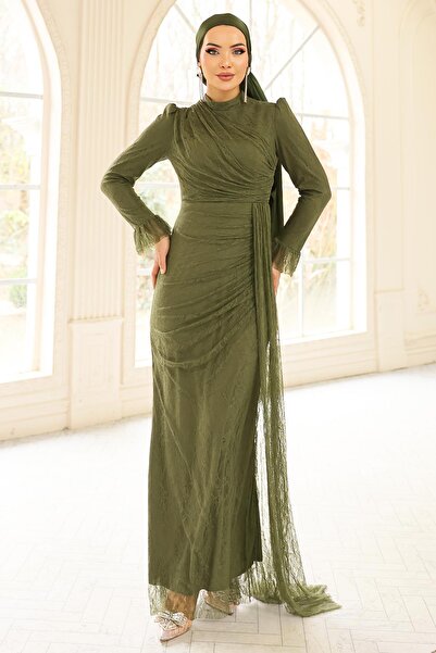 Olcay Volan Detailliertes Spitzen-Hijab-Abendkleid GRÜN 1251