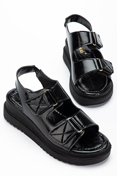 RİSSOLİ Women's Black Wrinkled Patent Leather Double-Strapped Wedge Heeled Sa...