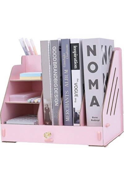 Exerz Organizator birou din lemn, 3 suporti verticali A4, si un sertar, roz, ...
