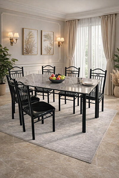 MARIA HOMES طقم طاولة طعام أنيق من الرخام الرمادي مع 6 كراسي سوداء مبطنة، أثا...