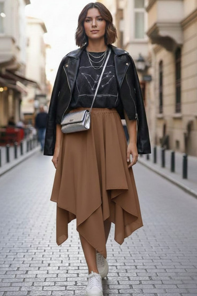 MAKSEN TEKSTİL Fusta asimetrică pentru femei, din crep, cu talie elastică, cu...