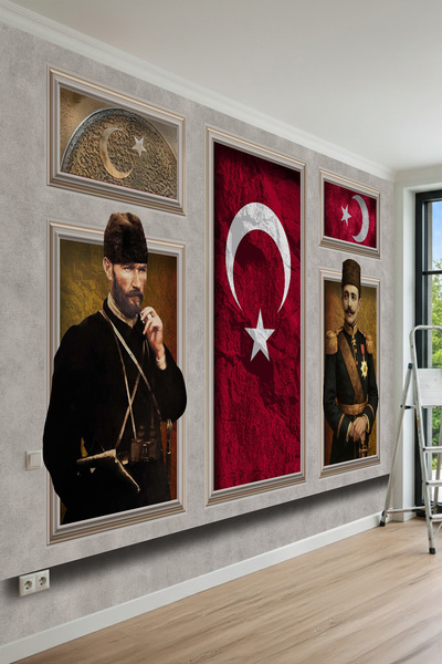 MİRAZAWALL Atatürk ve Enver Paşa Portreli Türk Bayrağı Tek Parça Tekstil Duva...