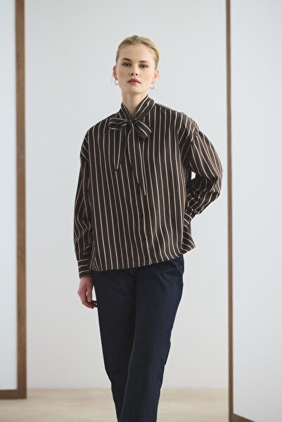 KADRİYE BAŞTÜRK Striped Shirt with Scarf Bitter Brown