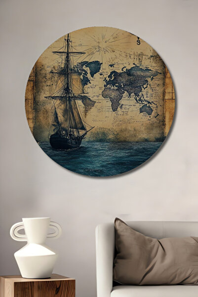 Teona Ahşap Antik Çağ Yelkenli Gemi Dünya Haritası Yağlı Boya Görünümlü Ahşap...