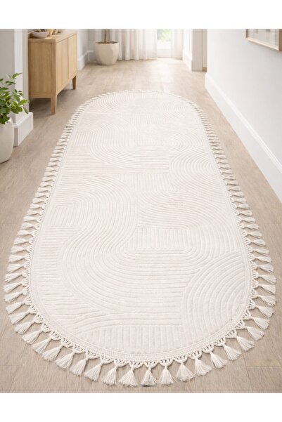 Merinos Rölyef Oval Örgü Saçaklı Kaymaz Yıkanabilir Bukle Salon Mutfak Korido...