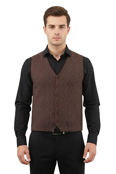 Çizgi Triko Мъжка жилетка с копчета, без джобове, стоманена плетена, класичес...