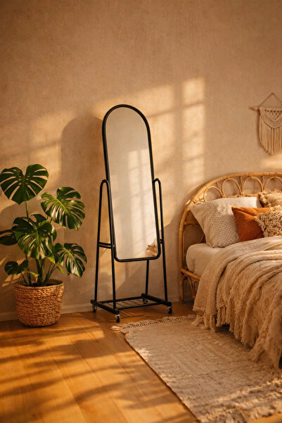 MARIA HOMES Mobile Floor Standing Mirror Black Arched Full Length Dressing Mi...