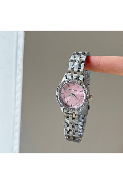 DOUKOU ساعة نسائية من الفولاذ المقاوم للصدأ مرصعة بالكريستال ومينا وردي
