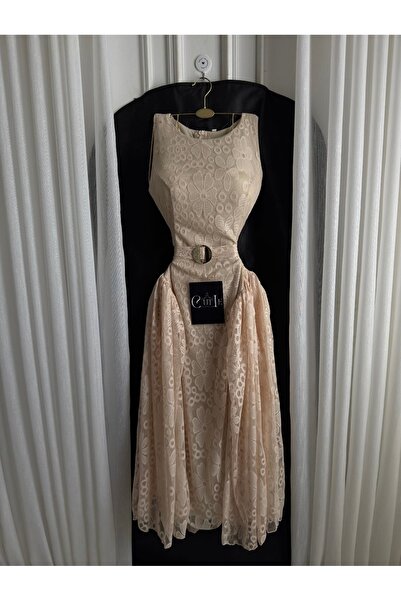 Cutie Floral lace midi evening dress with a studded waist belt - available in...