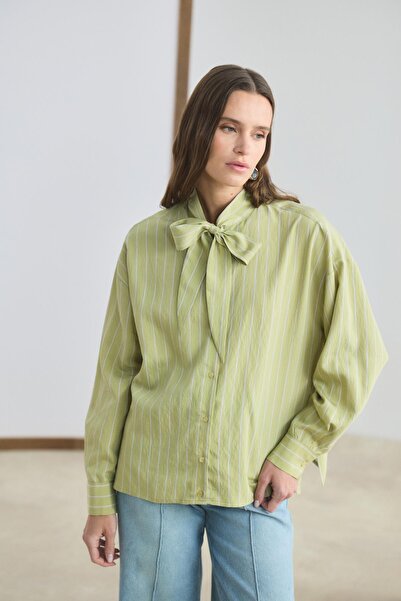 KADRİYE BAŞTÜRK Fularlı Çizgili Gömlek Olive