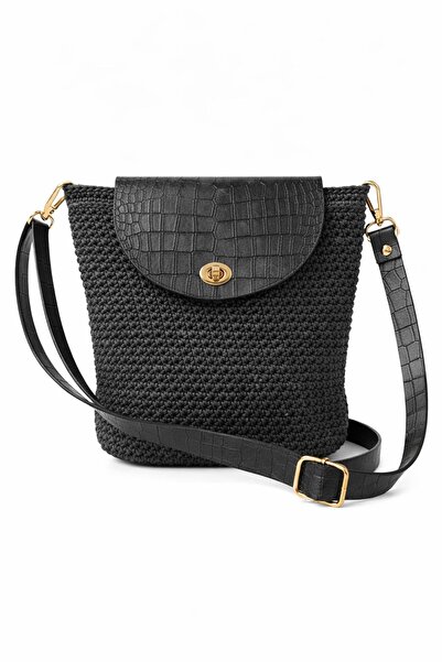 Mimoza Accessories حقيبة نسائية سوداء محبوكة يدويًا بغطاء من جلد التمساح