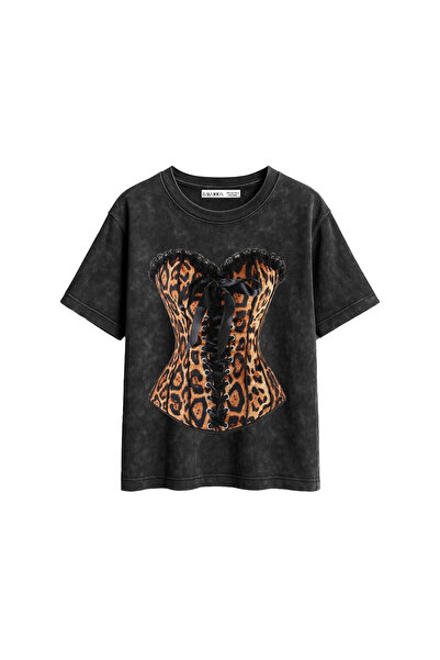 CİNEMA MODA Leopard Corset Printed Relaxed Fit Washable Black Women's Tshirt