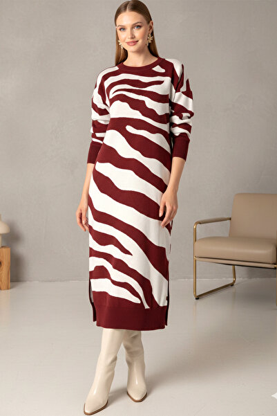 Kirazgym Women's Zebra Pattern Slit Detailed Knitwear Dress - Burgundy