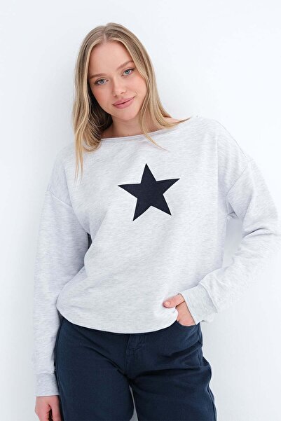 Addax Kayık Collar Printed Sweatshirt S10662