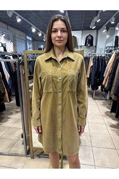 sırma giyim Kadife Gömlek Elbise Kadın Hardal Sarısı Fitilli Cepli Düğmeli Uz...