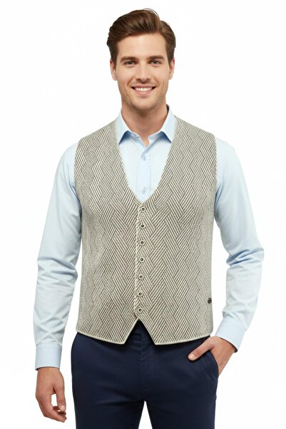 Çizgi Triko Мъжка жилетка с копчета, без джобове, стоманена плетена, класичес...