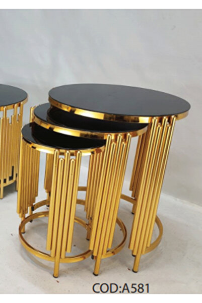 çelsan Fairfax 3'lü Gold Zigon Sehpa - Siyah Camlı Yuvarlak Lüks Metal Sehpa ...