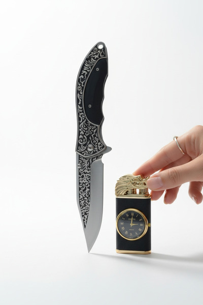 MERTCAN KNİFE Ejderha Başlıklı Çakmak Saatli Lazer Kesim kamp Çakı ve Hediyel...