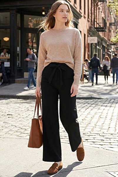 vynor atelier Women's Black High Waist Belted Palazzo Pants Wide Leg
