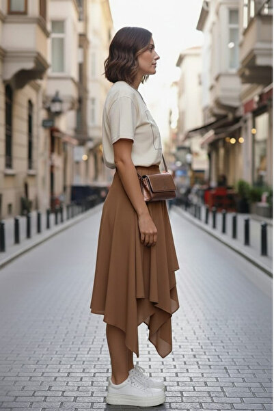 BNZ TEKSTİL Women's Asymmetrical Banana Crepe Double Layer Comfortable Fit Sk...