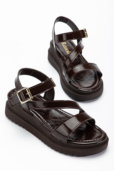 RİSSOLİ Women's Bitter Brown Crinkled Patent Leather Cross-Strapped Wedge Hee...