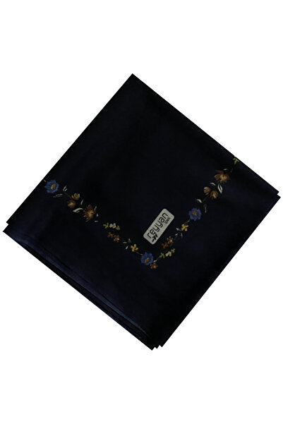 REYYAN İpek Mavi Kenar Çiçekli Lacivert Yazma 100 cm