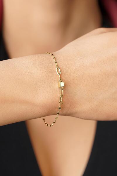 Fiyonk Kuyumculuk 14 Ayar Altın Küp Detaylı Aynalı Zincirli Bileklik - 2026 Y...