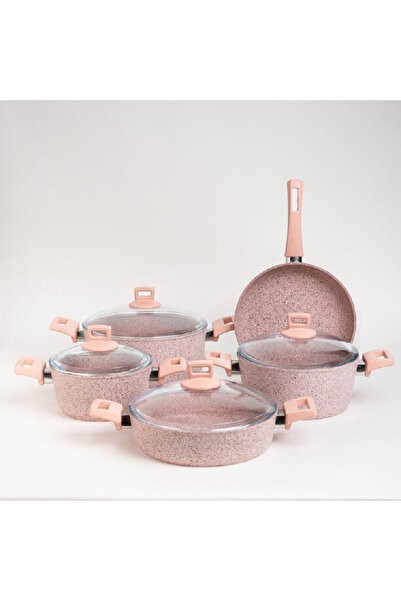 Generic Alberto Granite Cookware Set 9 Pieces With Glass Lid Pinkstone Color