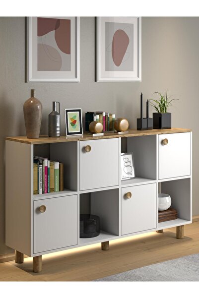 Wood'n Love Nora Bohem Ledli Konsol - Çok Amaçlı Dolap 4 Kapak 4 Bölme - Atla...