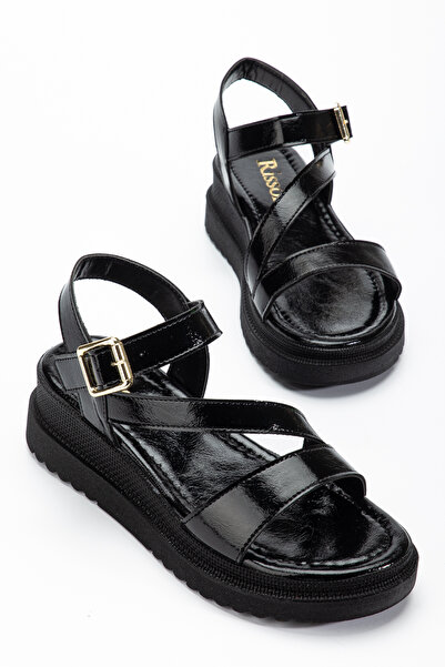 RİSSOLİ Women's Black Wrinkled Patent Leather Cross-Strapped Wedge Heeled San...