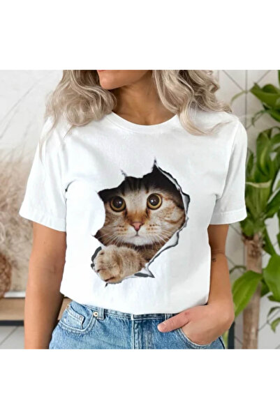 Kartier Tricou Dama Alb Sweet and Curious Cat