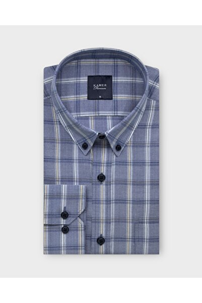 KAMER Men's Regular Fit Long Sleeve Button-Up Collar Double Pocket Plaid Blue...