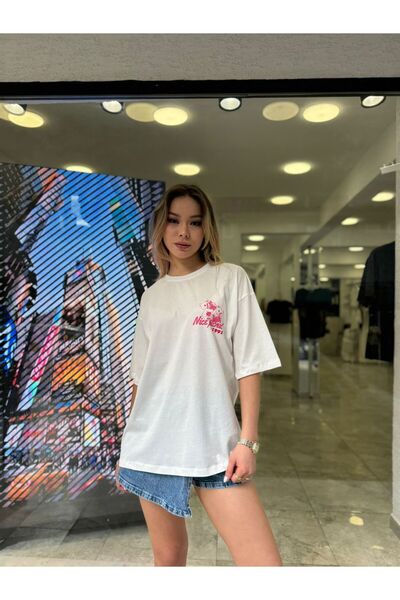 moda paketi Women's Front Minimal Back Printed Oversize T-Shirt