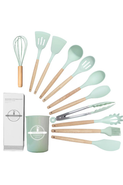 OEM Set of 12 silicone cooking utensils, MDSALE@ durable bamboo handle TURQUOISE