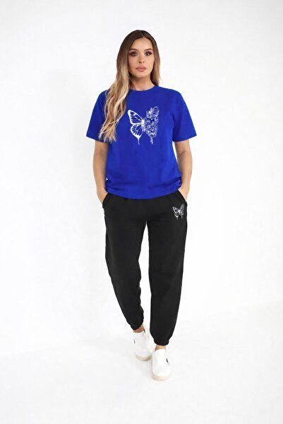 zeag Women's White Butterfly Printed Tracksuit T-Shirt Set